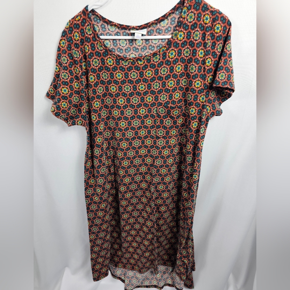 LuLaRoe Short Sleeve Midi Dress in Black, Orange & Green Geometric Print